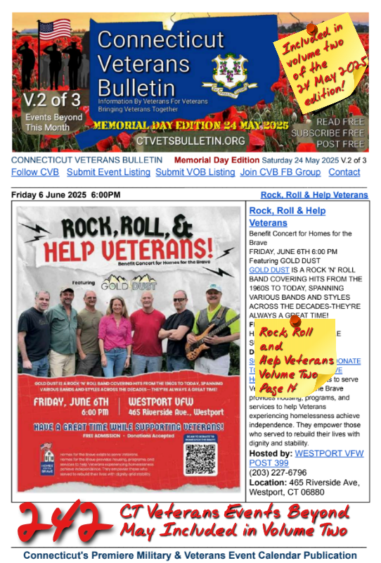 V2 CVB's Weekly Connecticut Veterans Calendar Publication Memorial Day Edition Saturday 24 May 2025 Rock, Roll and Help Veterans Featured Listing