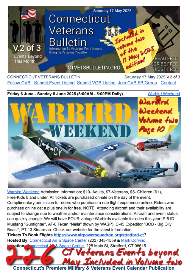 V2 CVB's Weekly Connecticut Veterans Calendar Publication Saturday 17 May 2025 Warbird Weekend Featured Listing