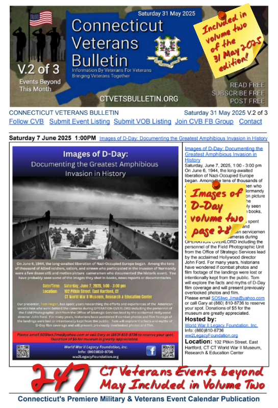 V2 CVB's Weekly Connecticut Veterans Calendar Publication Saturday 31 May 2025 Images of D-Day featured listing