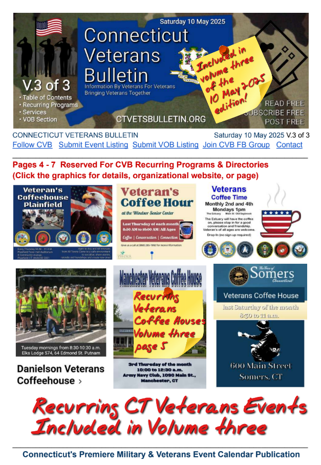 V3 CVB's Weekly Connecticut Veterans Calendar Publication 10 May 2025 Recurring CT Veterans Coffee Houses featured page