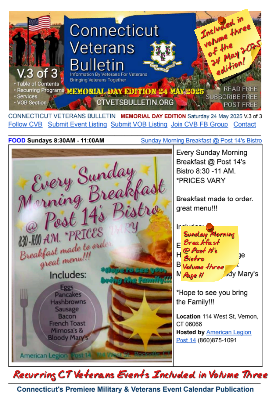 V3 CVB's Weekly Connecticut Veterans Calendar Publication Memorial Day Edition Saturday 24 May 2025 Sunday Morning Breakfast @ Post 14's Bistro Featured Listing