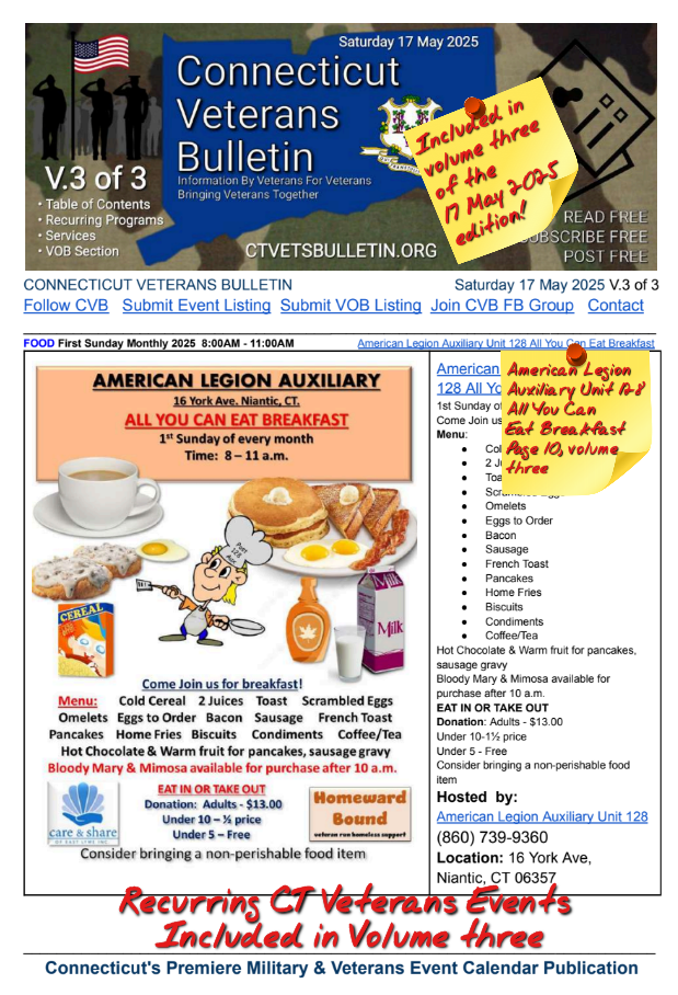 V3 CVB's Weekly Connecticut Veterans Calendar Publication Saturday 17 May 2025 American Legion Auxiliary Unit 128 All You Can Eat Breakfast