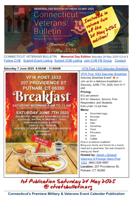 VFW Post 1523 Saturday Breakfast June 7, 2025