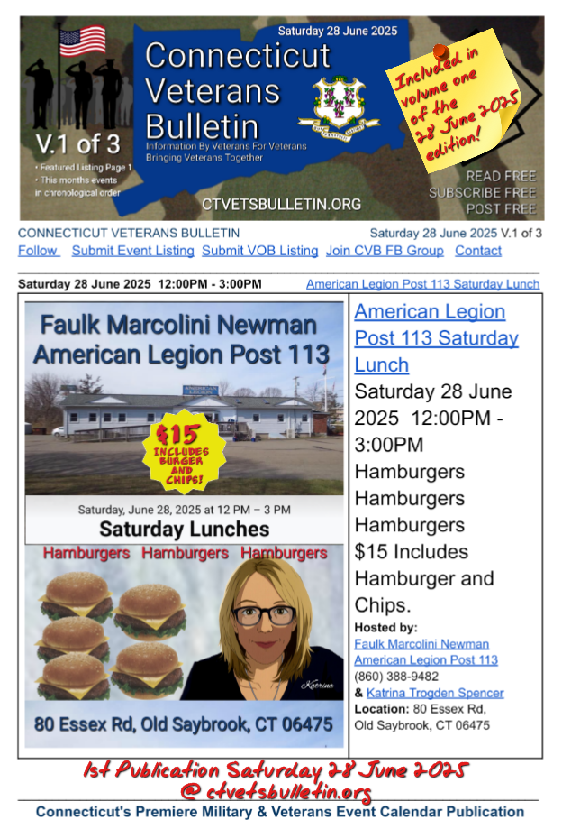 American Legion Post 113 Saturday Lunch 28 June