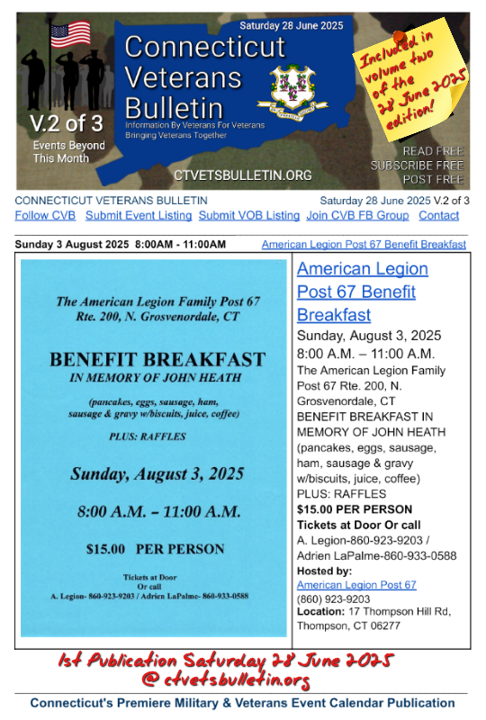 American Legion Post 67 Benefit Breakfast 3 August