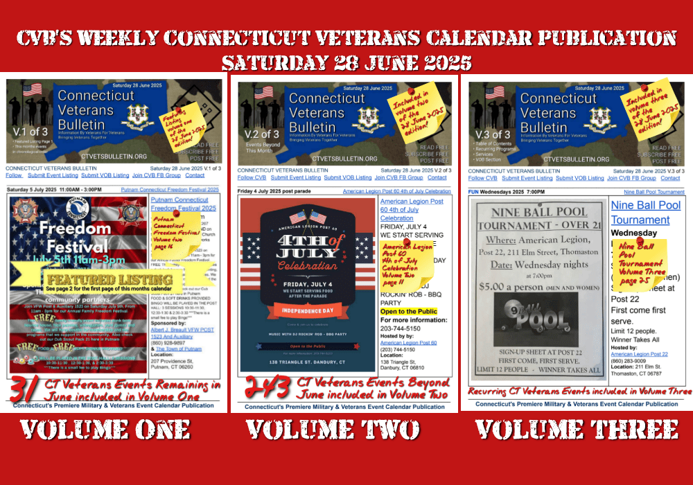 CVB's Weekly Connecticut Veterans Calendar Publication Saturday 28 June 2025