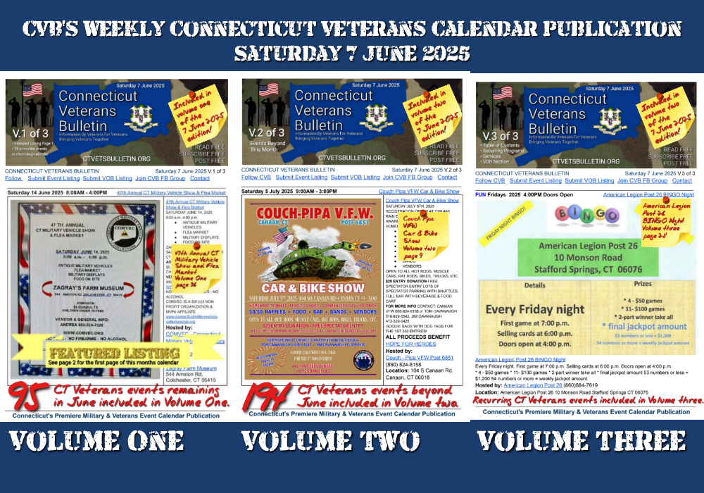 CVB's Weekly Connecticut Veterans Calendar Publication Saturday 7 June 2025