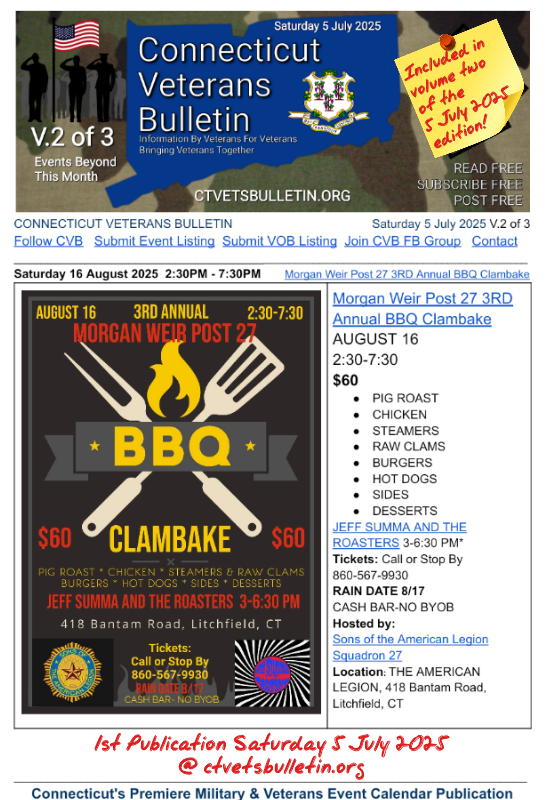 Morgan Weir Post 27 3RD Annual BBQ Clambake