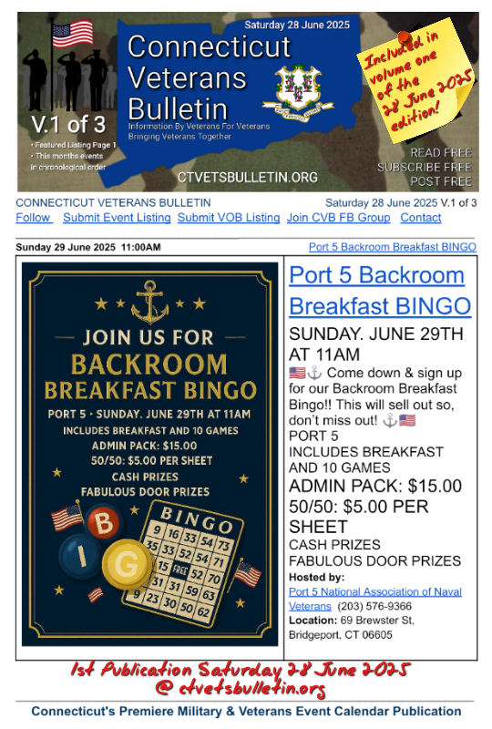 Port 5 Backroom Breakfast BINGO