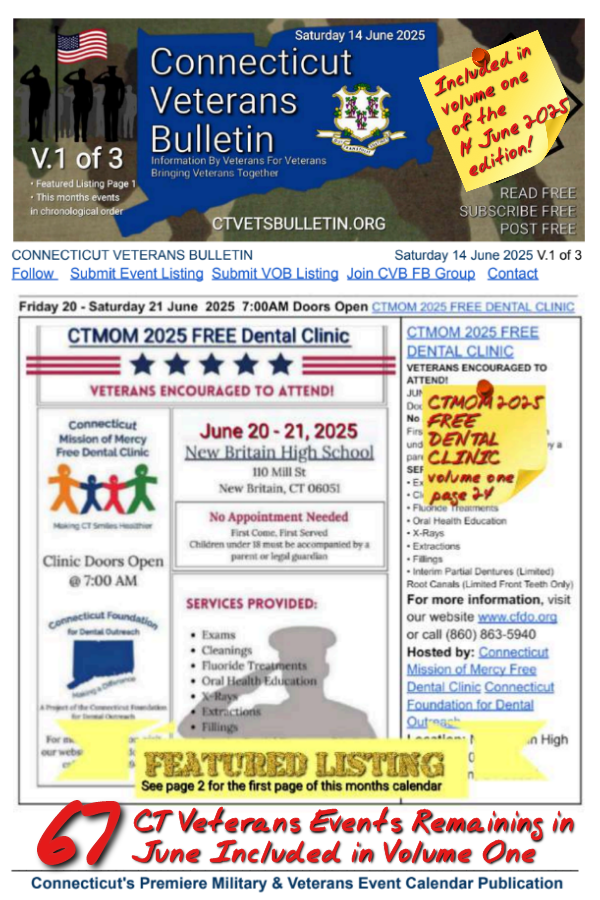 V1 CVB's Weekly Connecticut Veterans Calendar Publication Saturday 14 June 2025 CTMOM 2025 FREE DENTAL CLINIC featured listing