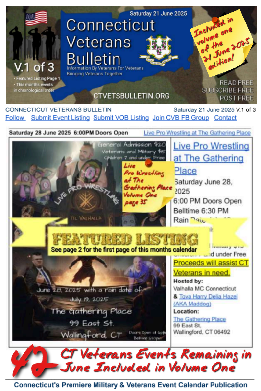 V1 CVB's Weekly Connecticut Veterans Calendar Publication Saturday 21 June 2025 Live Pro Wrestling at The Gathering Place featured listing