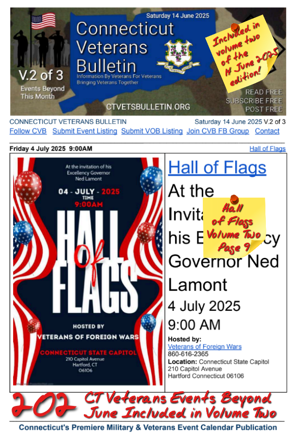 V2 CVB's Weekly Connecticut Veterans Calendar Publication Saturday 14 June 2025 Hall of Flags featured listing