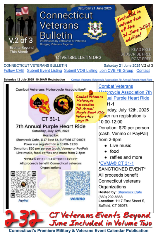 V2 CVB's Weekly Connecticut Veterans Calendar Publication Saturday 21 June 2025 Combat Veterans Motorcycle Association 7th Annual Purple Heart Ride featured listing