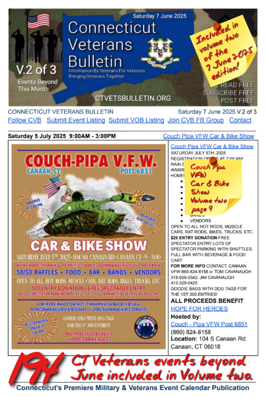 V2 CVB's Weekly Connecticut Veterans Calendar Publication Saturday 7 June 2025 Couch Pipa VFW Car & Bike Show featured listing