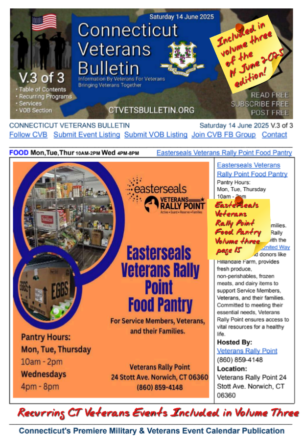 V3 CVB's Weekly Connecticut Veterans Calendar Publication Saturday 14 June 2025 Easterseals Veterans Rally Point Food Pantry featured listing