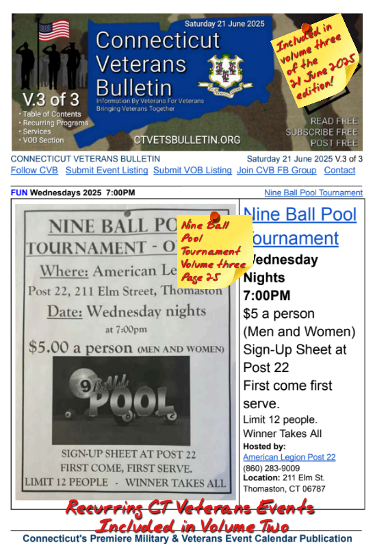 V3 CVB's Weekly Connecticut Veterans Calendar Publication Saturday 21 June 2025 Nine Ball Pool Tournament Featured Listing