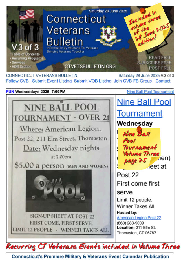 V3 CVB's Weekly Connecticut Veterans Calendar Publication Saturday 28 June 2025 9 Ball Pool Tournament Featured Listing