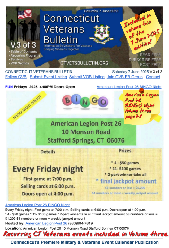 V3 CVB's Weekly Connecticut Veterans Calendar Publication Saturday 7 June 2025 American Legion Post 26 BINGO Night featured listing