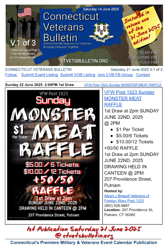 VFW Post 1523 Sunday MONSTER MEAT RAFFLE 22 June 2025