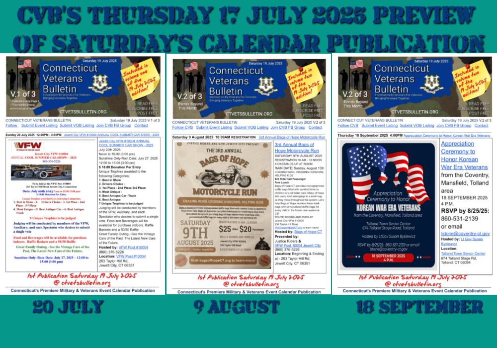 CVB’S Thursday 17 July 2025 Preview of Saturday’s Calendar Publication