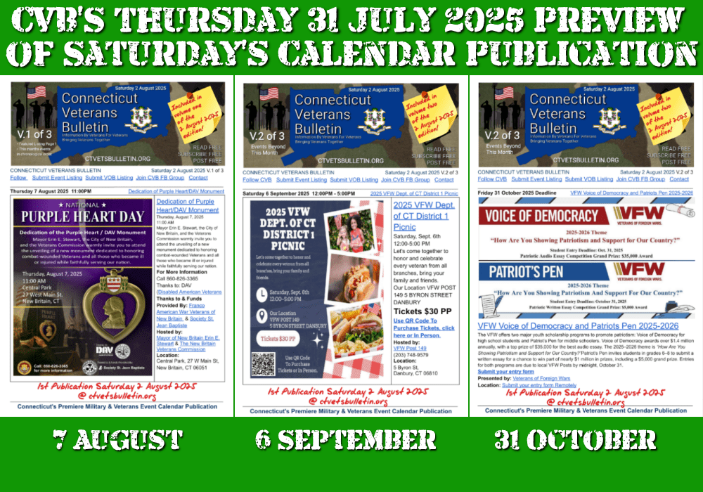CVB’S Thursday 31 July 2025 Preview of Saturday’s Calendar Publication