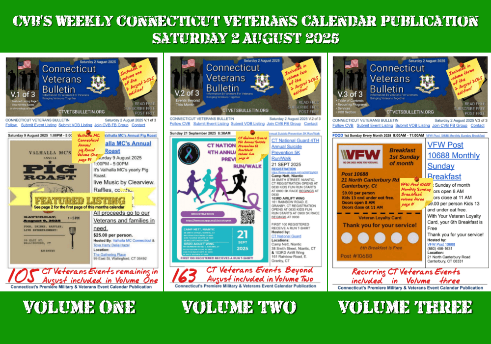 CVB's Weekly Connecticut Veterans Calendar Publication Saturday 2 August 2025