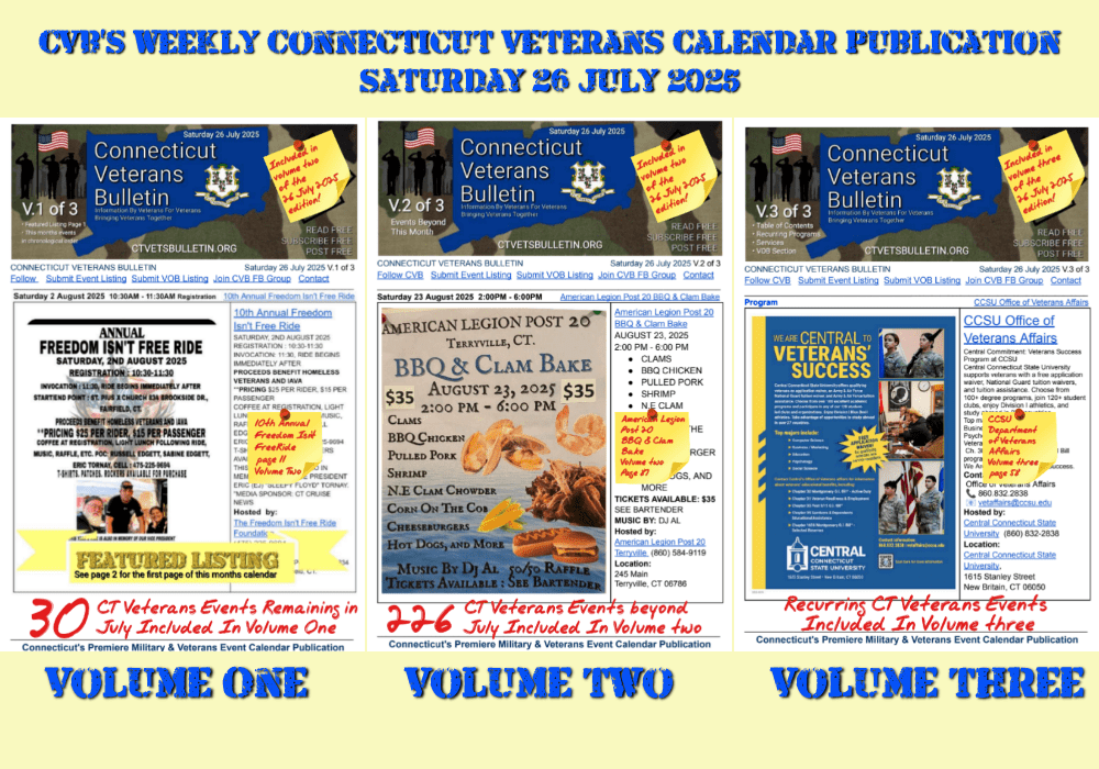 CVB's Weekly Connecticut Veterans Calendar Publication Saturday 26 July 2025