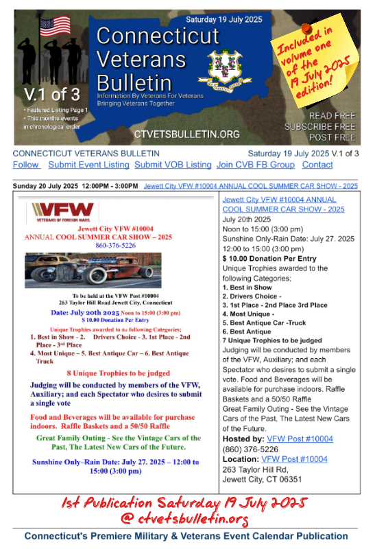 Jewett City VFW #10004 ANNUAL COOL SUMMER CAR SHOW - 2025