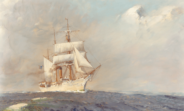 U.S. Revenue Cutter Bear, circa 1890, on patrol off Alaska. Painting by James A. Mitchell, III