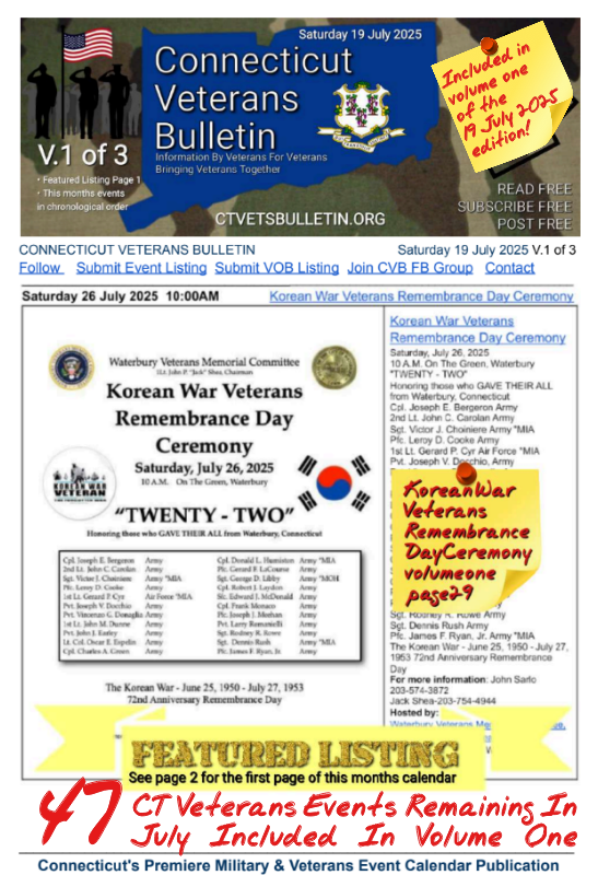 V1 CVB's Weekly Connecticut Veterans Calendar Publication Saturday 19 July 2025 Korean War Veterans Remembrance Day Ceremony featured listing