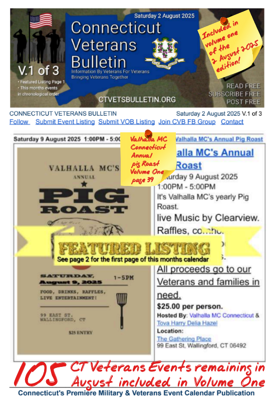 V1 CVB's Weekly Connecticut Veterans Calendar Publication Saturday 2 August 2025 featured listing Valhalla MC Connecticut Annual Pig Roast 2025