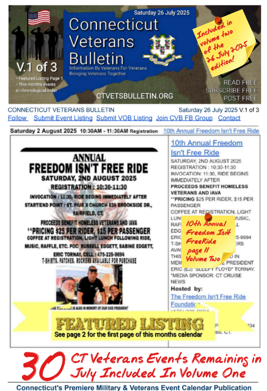 V1 CVB's Weekly Connecticut Veterans Calendar Publication Saturday 26 July 2025 10th Annual Freedom Isn't Free Ride featured listing