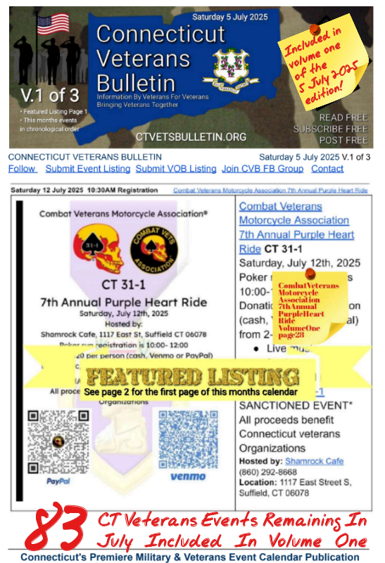 V1 CVB's Weekly Connecticut Veterans Calendar Publication Saturday 5 July 2025 Combat Veterans Motorcycle Association 7th Annual Purple Heart Ride featured listing