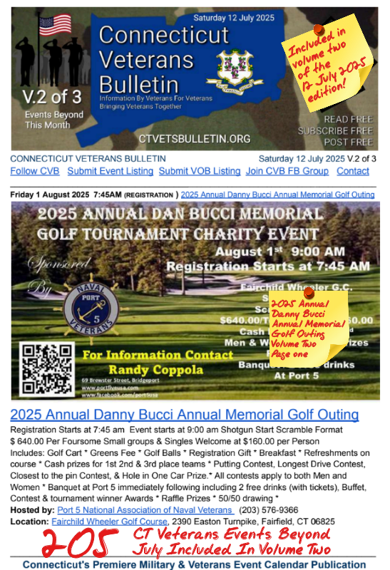 V2 CVB's Weekly Connecticut Veterans Calendar Publication Saturday 12 July 2025 2025 Annual Danny Bucci Annual Memorial Golf Outing featured listing