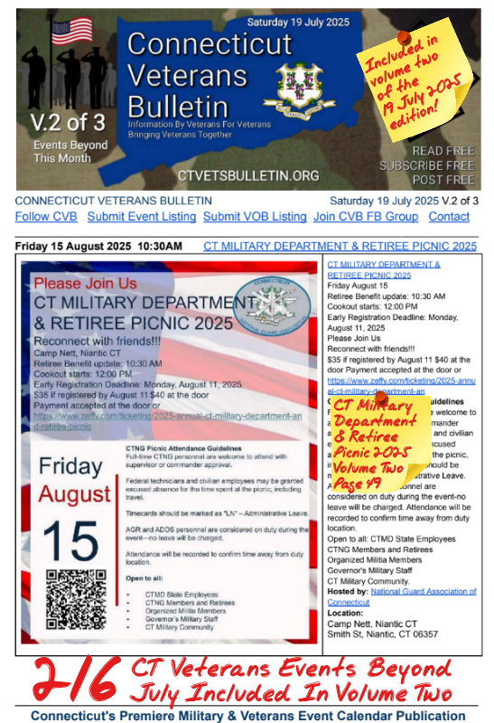 V2 CVB's Weekly Connecticut Veterans Calendar Publication Saturday 19 July 2025 CT Military Department & Retiree Picnic 2025 featured listing
