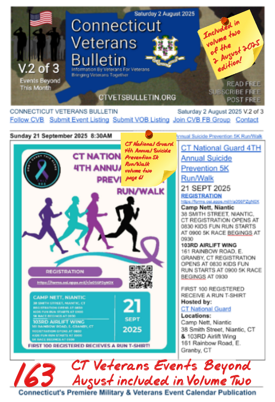 V2 CVB's Weekly Connecticut Veterans Calendar Publication Saturday 2 August 2025 CT National Guard 4th Annual Suicide Prevention 5k Run-Walk featured listing