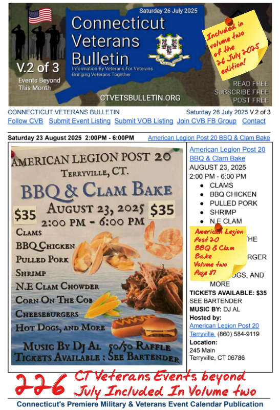 V2 CVB's Weekly Connecticut Veterans Calendar Publication Saturday 26 July 2025 American Legion Post 20 BBQ & Clam Bake Featured Listing