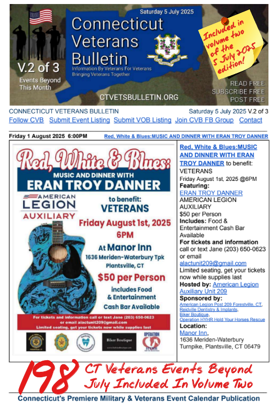 V2 CVB's Weekly Connecticut Veterans Calendar Publication Saturday 5 July 2025 Red, White & Blues: MUSIC AND DINNER WITH ERAN TROY DANNER Featured Listing