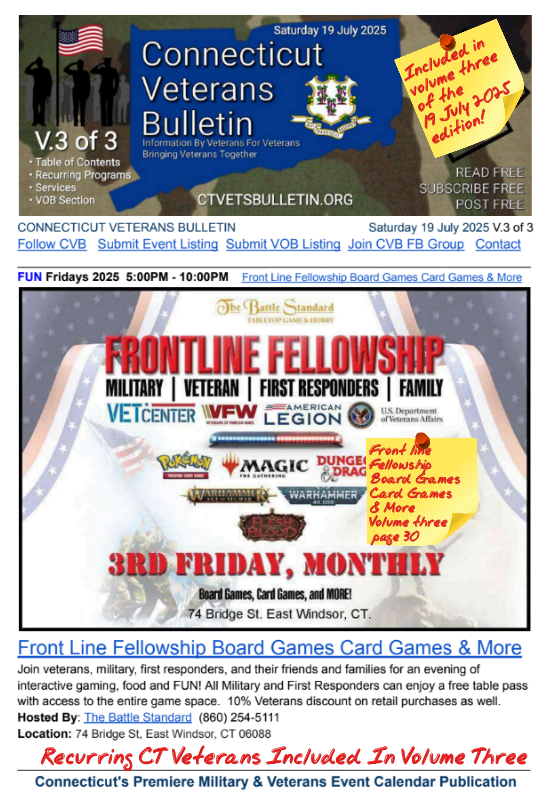 V3 CVB's Weekly Connecticut Veterans Calendar Publication Saturday 19 July 2025 Front line Fellowship Board Games Card Games & More featured listing