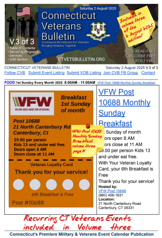 V3 CVB's Weekly Connecticut Veterans Calendar Publication Saturday 2 August 2025 featured listing VFW Post 10688 Monthly Sunday Breakfast