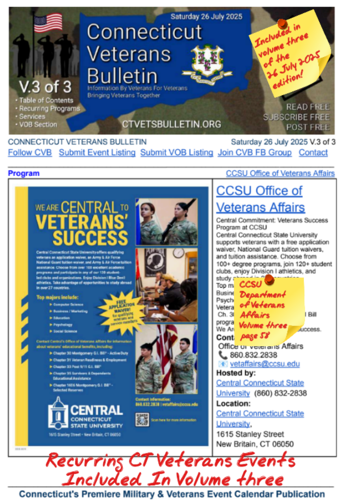 V3 CVB's Weekly Connecticut Veterans Calendar Publication Saturday 26 July 2025 CCSU Department of Veterans Affairs Featured Listing