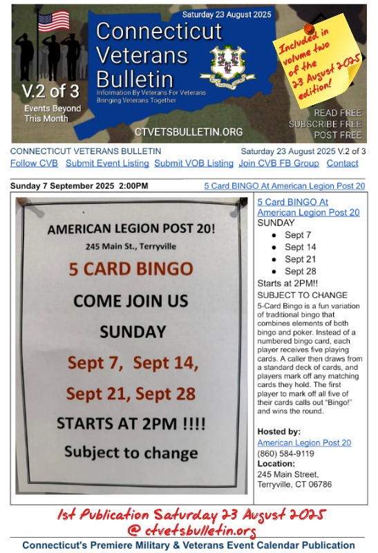 5 Card BINGO At American Legion Post 20 Sept 2025
