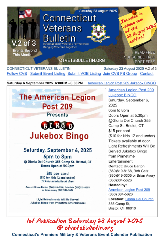 American Legion Post 209 Jukebox BINGO 6 September