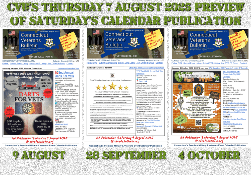 CVB’S Thursday 7 August 2025 Preview of Saturday’s Calendar Publication