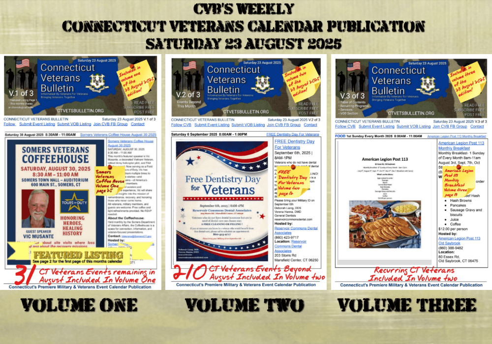CVB's Weekly Connecticut Veterans Calendar Publication Saturday 23 August 2025