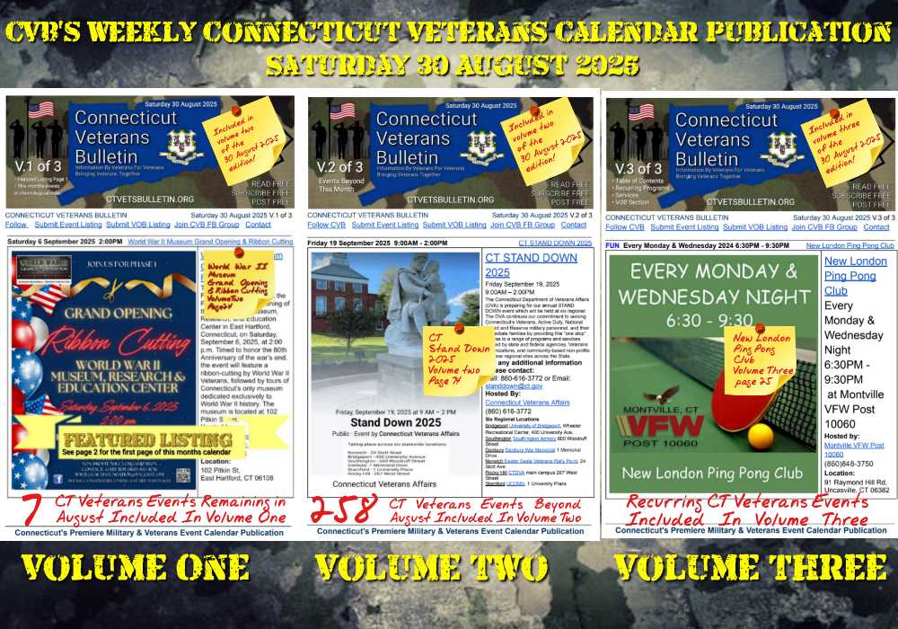 CVB's Weekly Connecticut Veterans Calendar Publication Saturday 30 August 2025