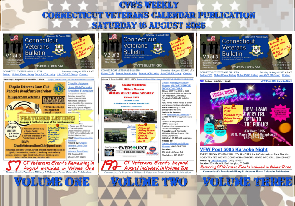 CVB's Weekly Connecticut Veterans Calendar Publication Saturday 16 August 2025