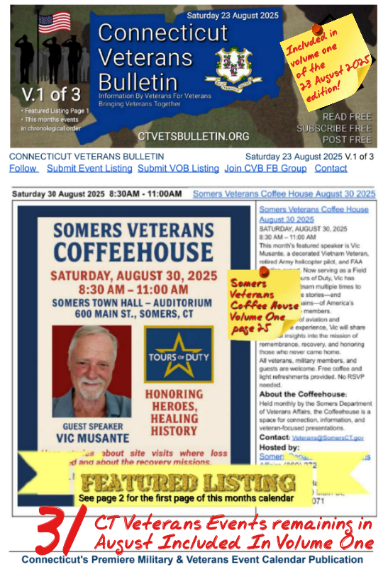 V1 CVB's Weekly Connecticut Veterans Calendar Publication Saturday 23 August 2025 Somers Veterans Coffee House Featured Listing