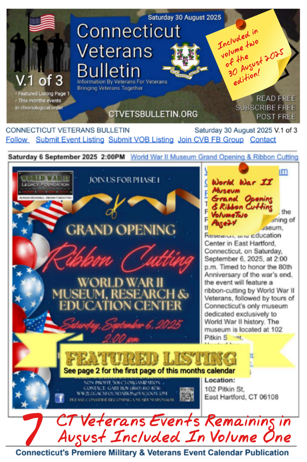 V1 CVB's Weekly Connecticut Veterans Calendar Publication Saturday 30 August 2025 World War II Museum Grand Opening & Ribbon Cutting Featured Listing