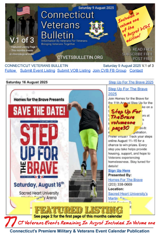 V1 CVB's Weekly Connecticut Veterans Calendar Publication Saturday 9 August 2025 Step Up For the Brave 2025 featured listing